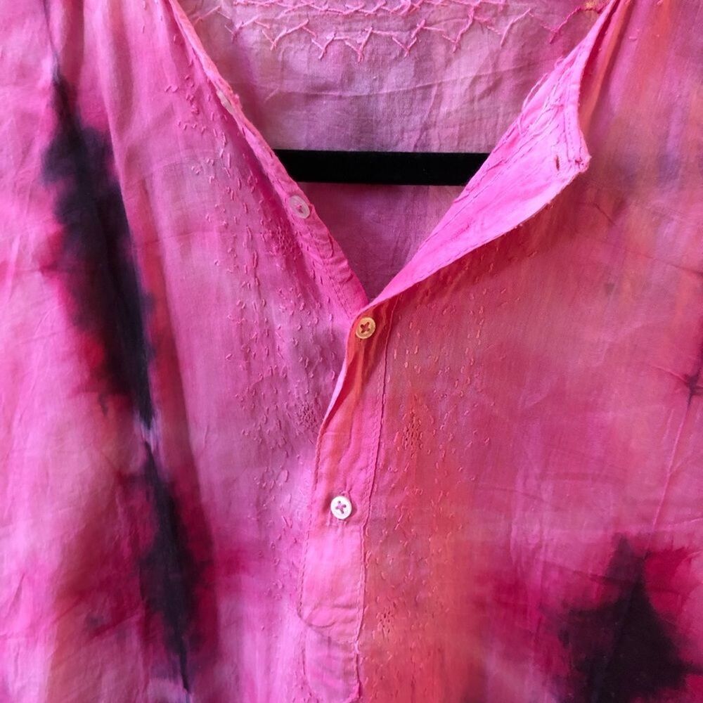 80s Vintage Indian Import V-Neck Tunic – Hand Dyed Pink, Red, Black size L - Picture 5 of 6